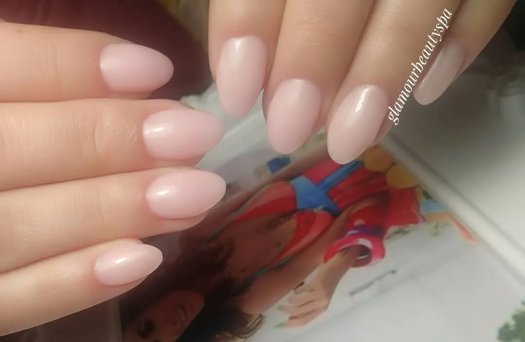 Long nude almond gel extensions with a natural finish, created at Glamour Beauty & Spa